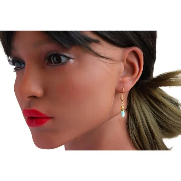 Teal Glass and Gold Earrings - Picture 3 of 4